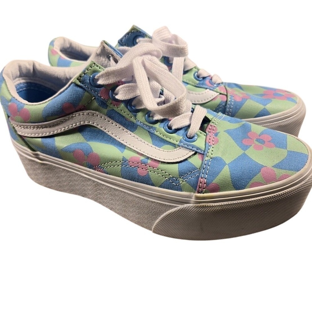 Vans Old Skool Stacked Platform Sneakers Floral Checkerboard Multi Color Womens